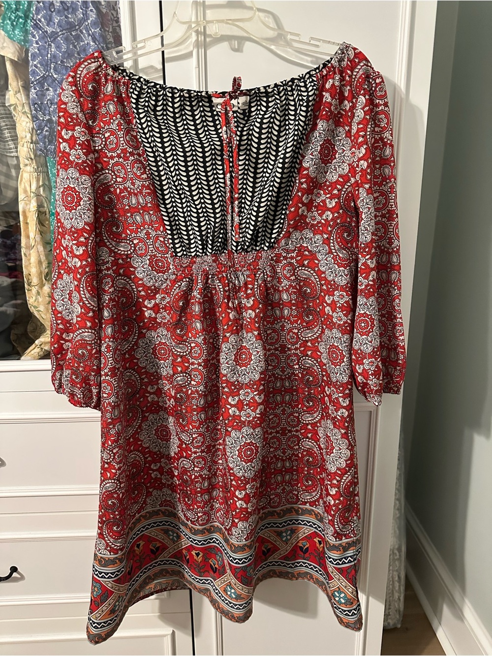 Cato Red Printed Long-Sleeve Boho Dress with Black Contrast Yoke